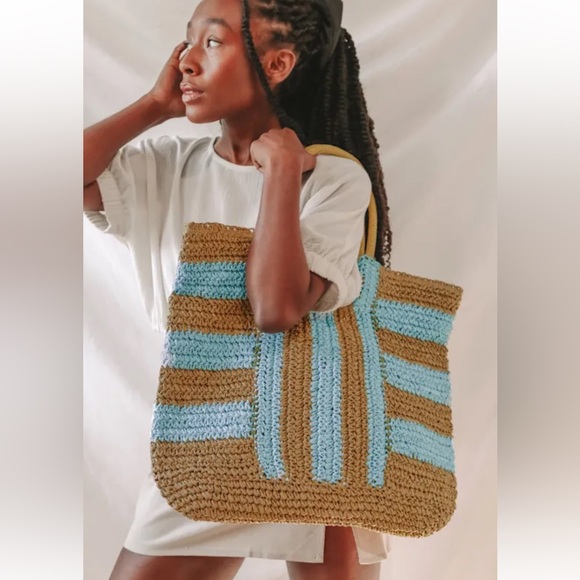 Billabong In Living Color Brown Blue Striped Woven Straw Tote Bag Beach Raffia